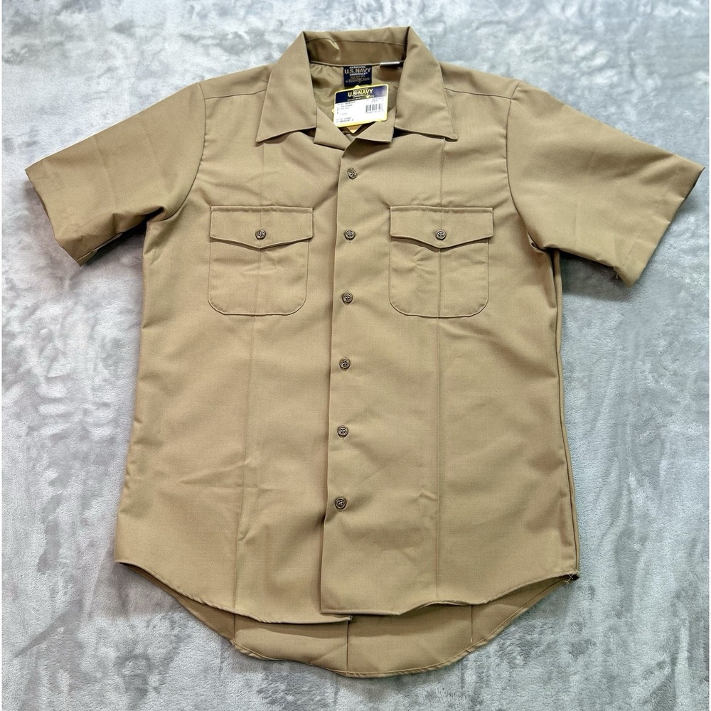 New US Navy Shirt Medium Tan 33 Khaki Flying Cross Short Sleeve Uniform Wool USA